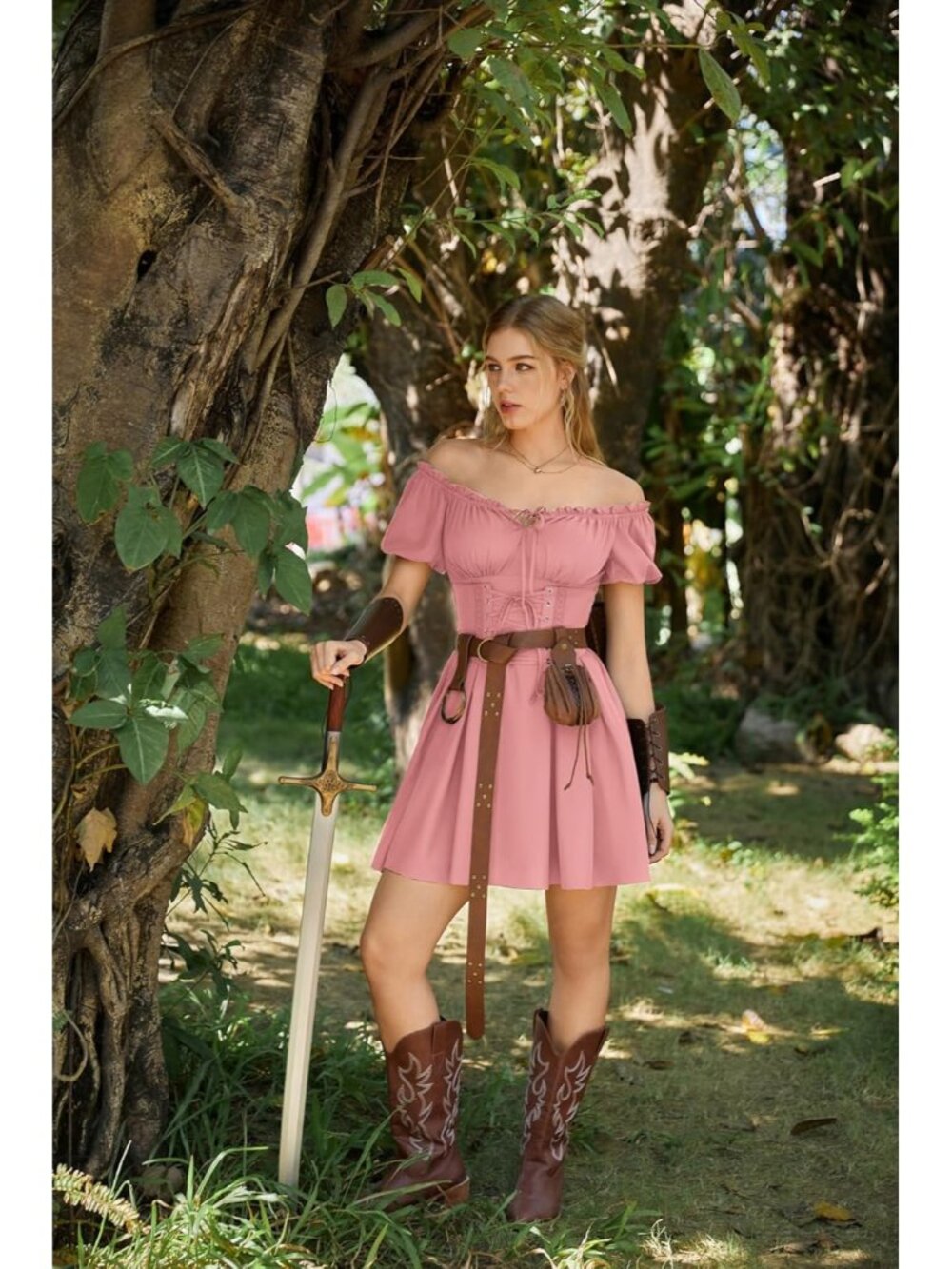 Women's Pink Renaissance Costume Corset Dress Mini Off Shoulder Fairy Dresses - Picture 6 of 6
